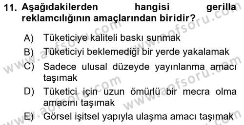 Reklam Kampanya Analizi Dersi 2021 - 2022 Yılı (Final) Dönem Sonu Sınav Soruları 11. Soru