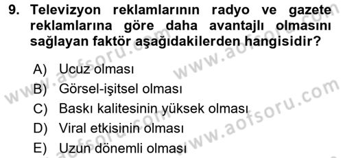 Reklam Kampanya Analizi Dersi 2021 - 2022 Yılı (Final) Dönem Sonu Sınav Soruları 9. Soru