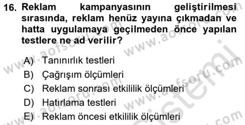 Reklam Kampanya Analizi Dersi 2021 - 2022 Yılı Yaz Okulu Sınav Soruları 16. Soru