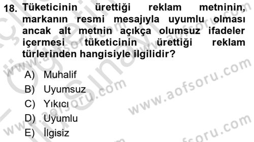 Reklam Kampanya Analizi Dersi 2021 - 2022 Yılı Yaz Okulu Sınav Soruları 18. Soru