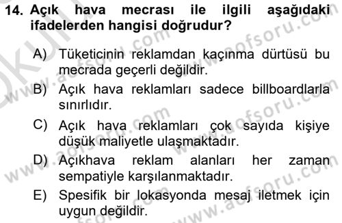 Reklam Kampanya Analizi Dersi 2022 - 2023 Yılı Yaz Okulu Sınav Soruları 14. Soru