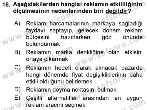 Reklam Kampanya Analizi Dersi 2022 - 2023 Yılı Yaz Okulu Sınav Soruları 16. Soru