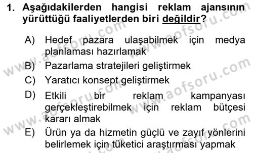 Reklam Kampanya Analizi Dersi 2023 - 2024 Yılı (Vize) Ara Sınav Soruları 1. Soru