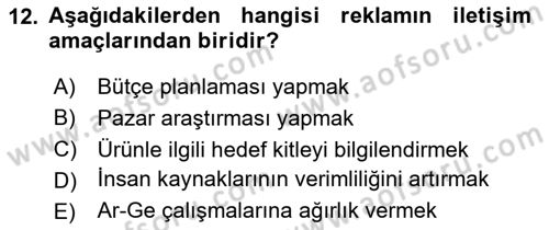 Reklam Kampanya Analizi Dersi 2023 - 2024 Yılı (Vize) Ara Sınav Soruları 12. Soru