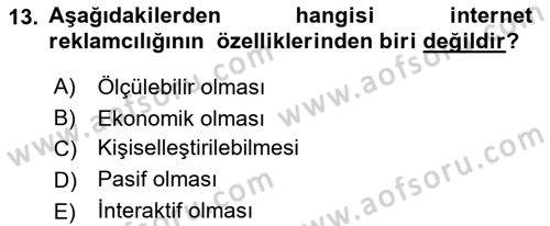 Reklam Kampanya Analizi Dersi 2023 - 2024 Yılı (Vize) Ara Sınav Soruları 13. Soru