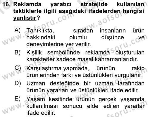Reklam Kampanya Analizi Dersi 2023 - 2024 Yılı (Vize) Ara Sınav Soruları 16. Soru