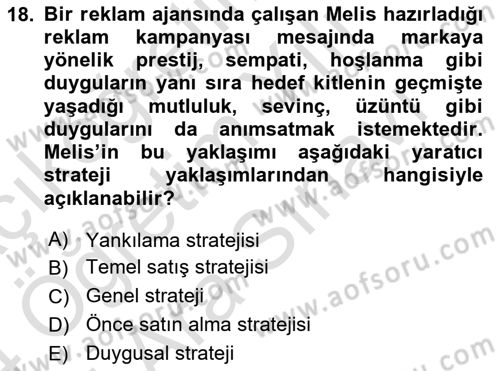 Reklam Kampanya Analizi Dersi 2023 - 2024 Yılı (Vize) Ara Sınav Soruları 18. Soru