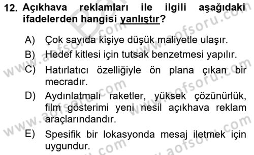 Reklam Kampanya Analizi Dersi 2023 - 2024 Yılı (Final) Dönem Sonu Sınav Soruları 12. Soru