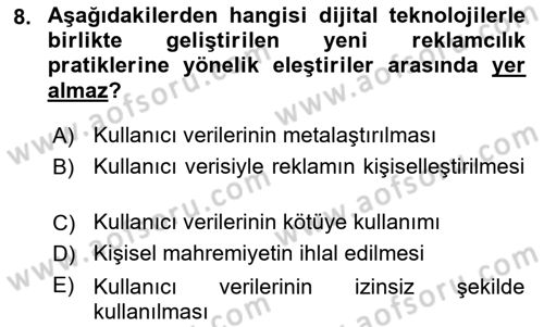 Reklam Kampanya Süreci Dersi 2024 - 2025 Yılı (Vize) Ara Sınav Soruları 8. Soru