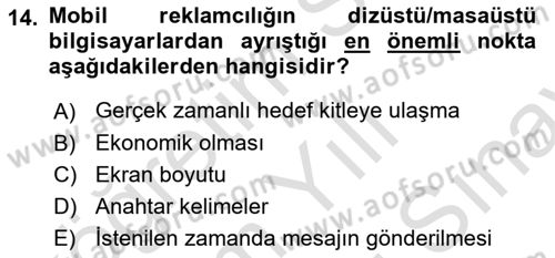 Reklam Kampanya Süreci Dersi 2024 - 2025 Yılı (Final) Dönem Sonu Sınav Soruları 14. Soru