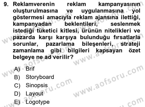 Reklam Kampanya Süreci Dersi 2024 - 2025 Yılı (Final) Dönem Sonu Sınav Soruları 9. Soru
