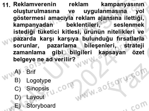 Reklam Kampanya Süreci Dersi 2024 - 2025 Yılı Yaz Okulu Sınav Soruları 11. Soru