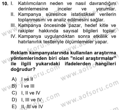Reklam Kampanya Süreci Dersi 2025 - 2026 Yılı (Vize) Ara Sınav Soruları 10. Soru