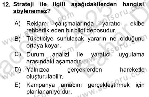 Reklam Kampanya Süreci Dersi 2025 - 2026 Yılı (Vize) Ara Sınav Soruları 12. Soru
