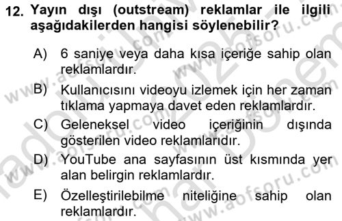 Reklam Kampanya Süreci Dersi 2025 - 2026 Yılı (Final) Dönem Sonu Sınav Soruları 12. Soru