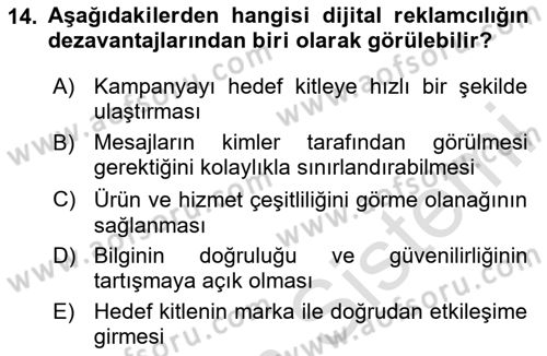 Reklam Kampanya Süreci Dersi 2025 - 2026 Yılı (Final) Dönem Sonu Sınav Soruları 14. Soru