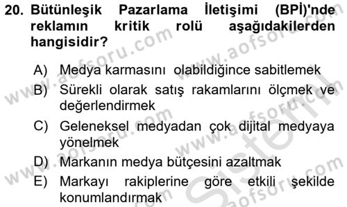 Reklam Kampanya Süreci Dersi 2025 - 2026 Yılı (Final) Dönem Sonu Sınav Soruları 20. Soru
