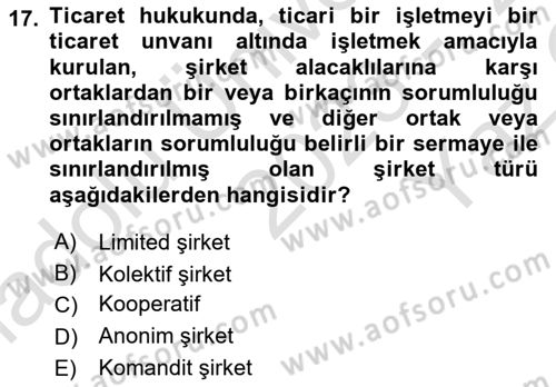 Hukukun Temel Kavramları Dersi 2023 - 2024 Yılı Yaz Okulu Sınav Soruları 17. Soru