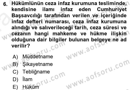 İnfaz Hukuku Dersi 2015 - 2016 Yılı (Vize) Ara Sınav Soruları 6. Soru