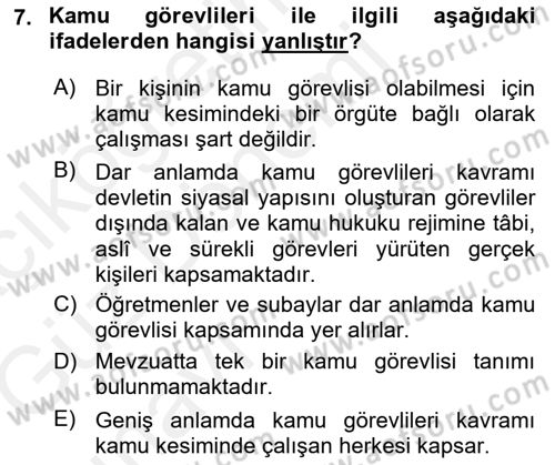 İdare Hukukuna Giriş Dersi 2018 - 2019 Yılı (Vize) Ara Sınav Soruları 7. Soru