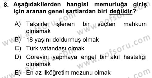 İdare Hukukuna Giriş Dersi Ara Sınavı Deneme Sınav Soruları 8. Soru