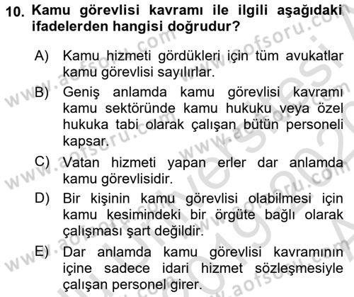İdare Hukukuna Giriş Dersi Ara Sınavı Deneme Sınav Soruları 10. Soru