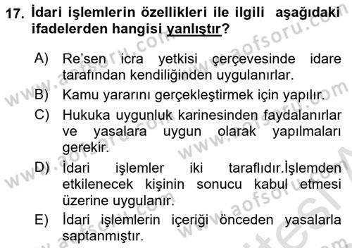İdare Hukukuna Giriş Dersi Ara Sınavı Deneme Sınav Soruları 17. Soru
