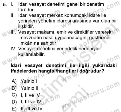 İdare Hukukuna Giriş Dersi Ara Sınavı Deneme Sınav Soruları 5. Soru