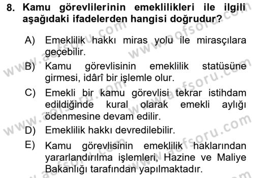 İdare Hukukuna Giriş Dersi 2024 - 2025 Yılı (Vize) Ara Sınav Soruları 8. Soru