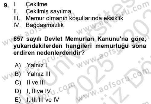 İdare Hukukuna Giriş Dersi 2025 - 2026 Yılı (Vize) Ara Sınav Soruları 9. Soru
