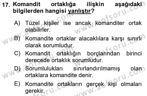 İşletme Hukuku Dersi 2023 - 2024 Yılı (Vize) Ara Sınav Soruları 17. Soru
