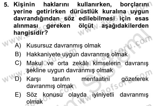 Medeni Hukuk 1 Dersi 2019 - 2020 Yılı (Vize) Ara Sınav Soruları 5. Soru