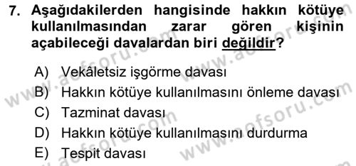 Medeni Hukuk 1 Dersi 2019 - 2020 Yılı (Vize) Ara Sınav Soruları 7. Soru