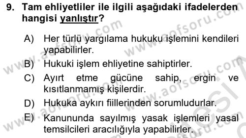 Medeni Hukuk 1 Dersi 2019 - 2020 Yılı (Vize) Ara Sınav Soruları 9. Soru