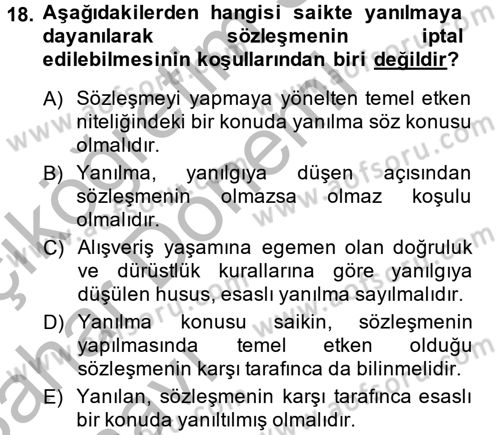 Medeni Hukuk 2 Dersi 2013 - 2014 Yılı (Vize) Ara Sınav Soruları 18. Soru