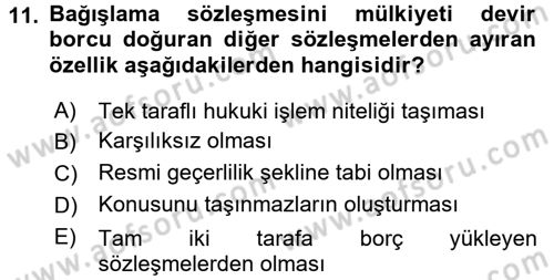 Medeni Hukuk 2 Dersi 2015 - 2016 Yılı (Final) Dönem Sonu Sınav Soruları 11. Soru