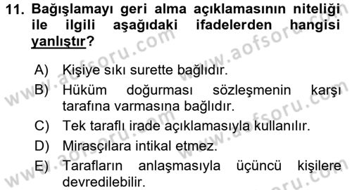 Medeni Hukuk 2 Dersi 2015 - 2016 Yılı Tek Ders Sınav Soruları 11. Soru