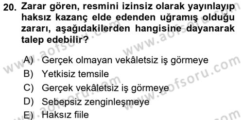 Medeni Hukuk 2 Dersi 2015 - 2016 Yılı Tek Ders Sınav Soruları 20. Soru