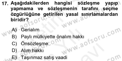 Medeni Hukuk 2 Dersi 2017 - 2018 Yılı (Vize) Ara Sınav Soruları 17. Soru