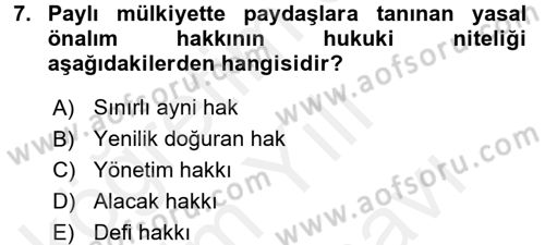 Medeni Hukuk 2 Dersi 2017 - 2018 Yılı (Vize) Ara Sınav Soruları 7. Soru
