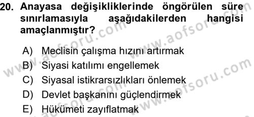 Türk Anayasa Hukuku Dersi 2015 - 2016 Yılı (Vize) Ara Sınav Soruları 20. Soru