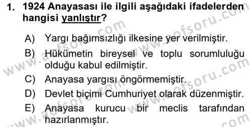 Türk Anayasa Hukuku Dersi 2015 - 2016 Yılı (Final) Dönem Sonu Sınav Soruları 1. Soru