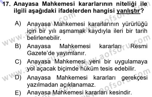 Türk Anayasa Hukuku Dersi 2015 - 2016 Yılı (Final) Dönem Sonu Sınav Soruları 17. Soru