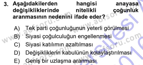 Türk Anayasa Hukuku Dersi 2015 - 2016 Yılı (Final) Dönem Sonu Sınav Soruları 3. Soru