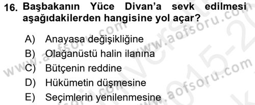 Türk Anayasa Hukuku Dersi 2015 - 2016 Yılı Tek Ders Sınav Soruları 16. Soru