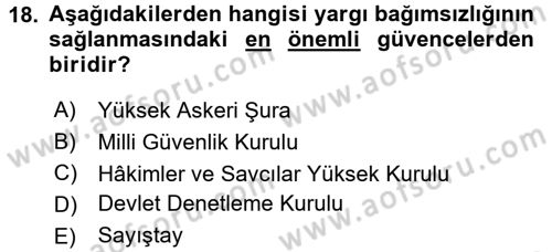 Türk Anayasa Hukuku Dersi 2015 - 2016 Yılı Tek Ders Sınavı 18. Soru