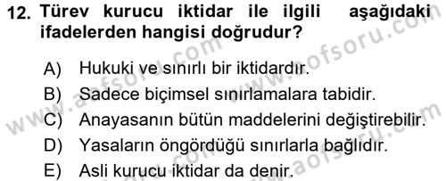 Türk Anayasa Hukuku Dersi Ara Sınavı Deneme Sınav Soruları 12. Soru