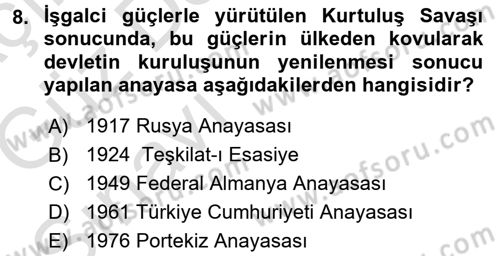 Türk Anayasa Hukuku Dersi Ara Sınavı Deneme Sınav Soruları 8. Soru