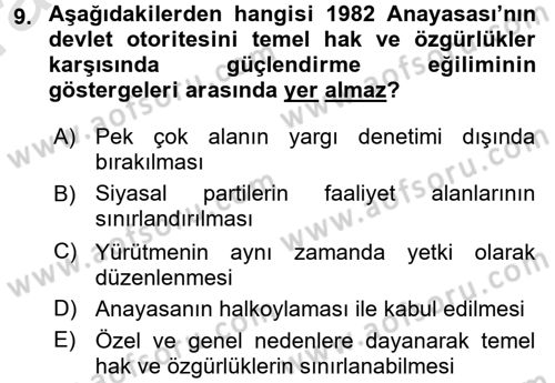 Türk Anayasa Hukuku Dersi Ara Sınavı Deneme Sınav Soruları 9. Soru