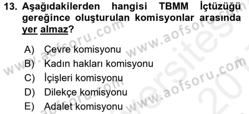 Türk Anayasa Hukuku Dersi 2016 - 2017 Yılı (Final) Dönem Sonu Sınav Soruları 13. Soru